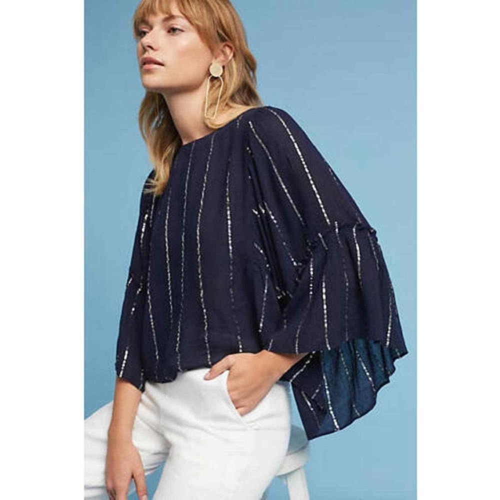 Floreat Navy Blue Metallic-Striped Flutter Sleeve Blouse